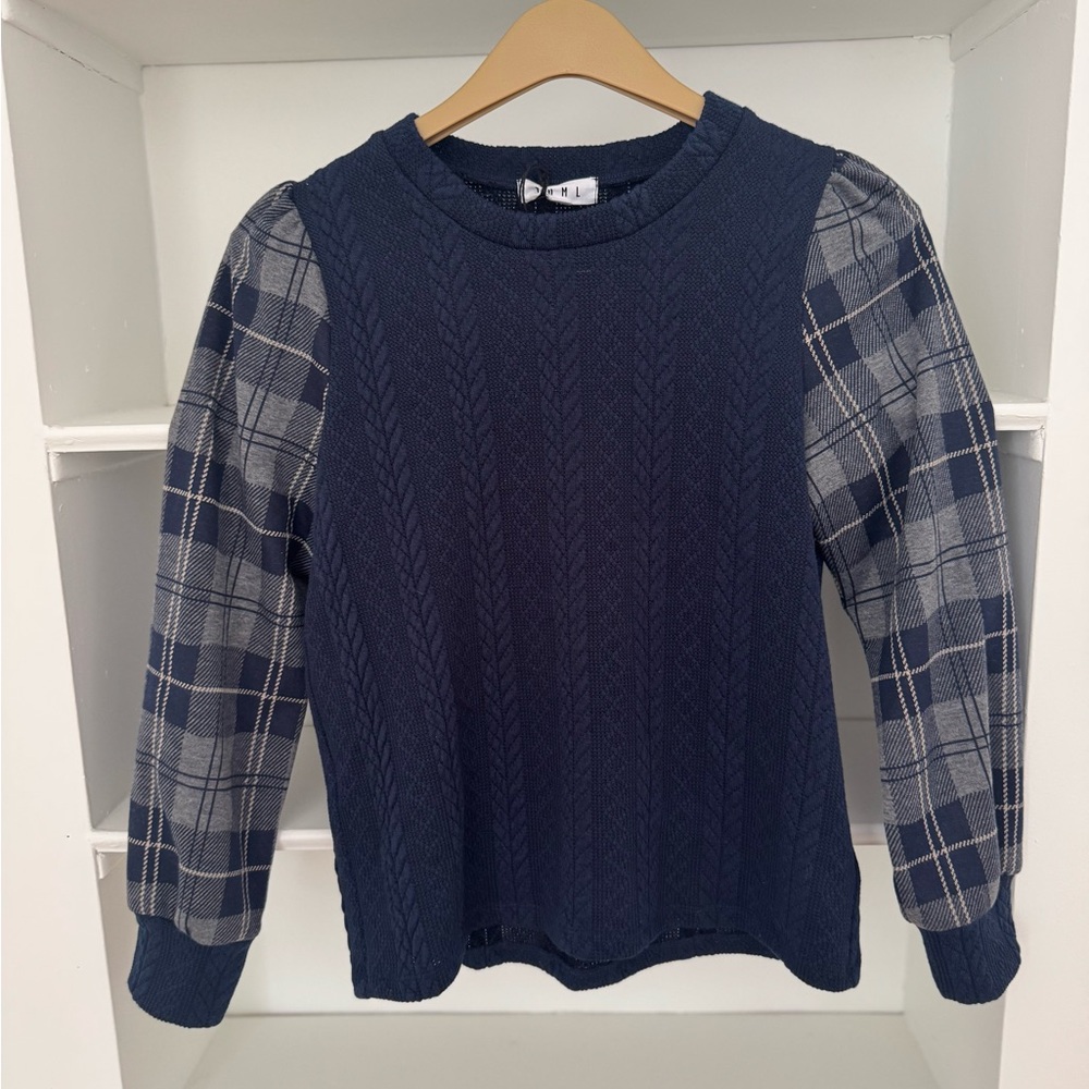 Navy Sweater with Plaid Sleeves